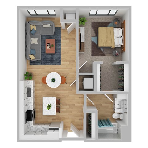 A top-down view of a modern apartment layout with a living room, kitchen, and bedroom.